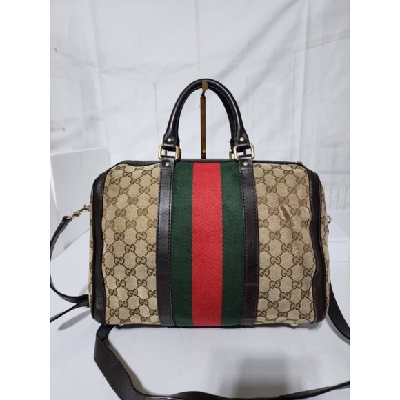 Gucci Handbags - Authentic Gucci GG Canvas Leather Medium Vintage Web Boston Satchel Bag Brown/Be
